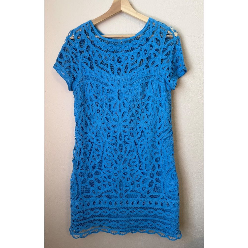 Lilly Pulitzer Mariekate Blue Lace Shift Dress Short Sleeve Scalloped Hem Size L